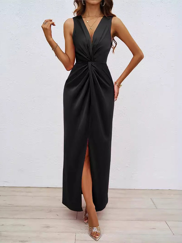 Loose Sleeveless Pleated Split-Front Split-Joint V-Neck Maxi Dresses