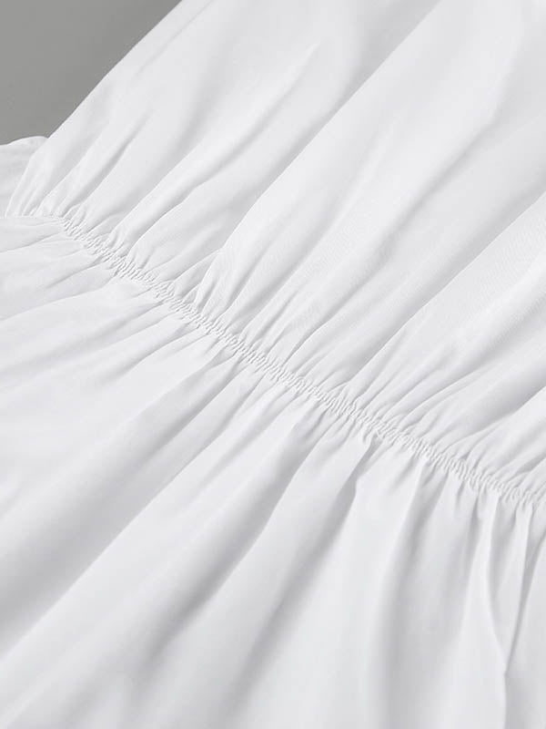 High Waisted Long Sleeves Buttoned Pleated Solid Color Lapel Mini Dresses Shirt Dress