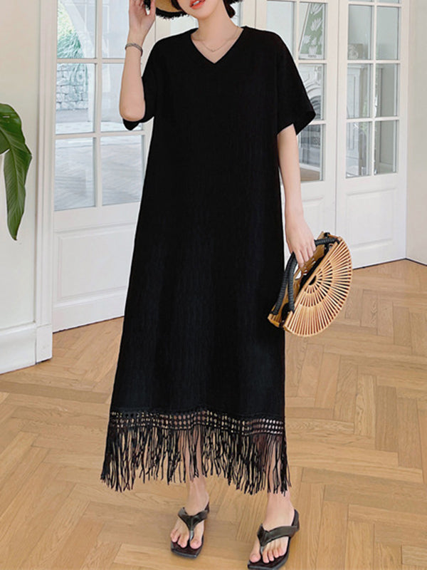 Loose Short Sleeves Solid Color Split-Joint Tasseled V-Neck Midi Dresses