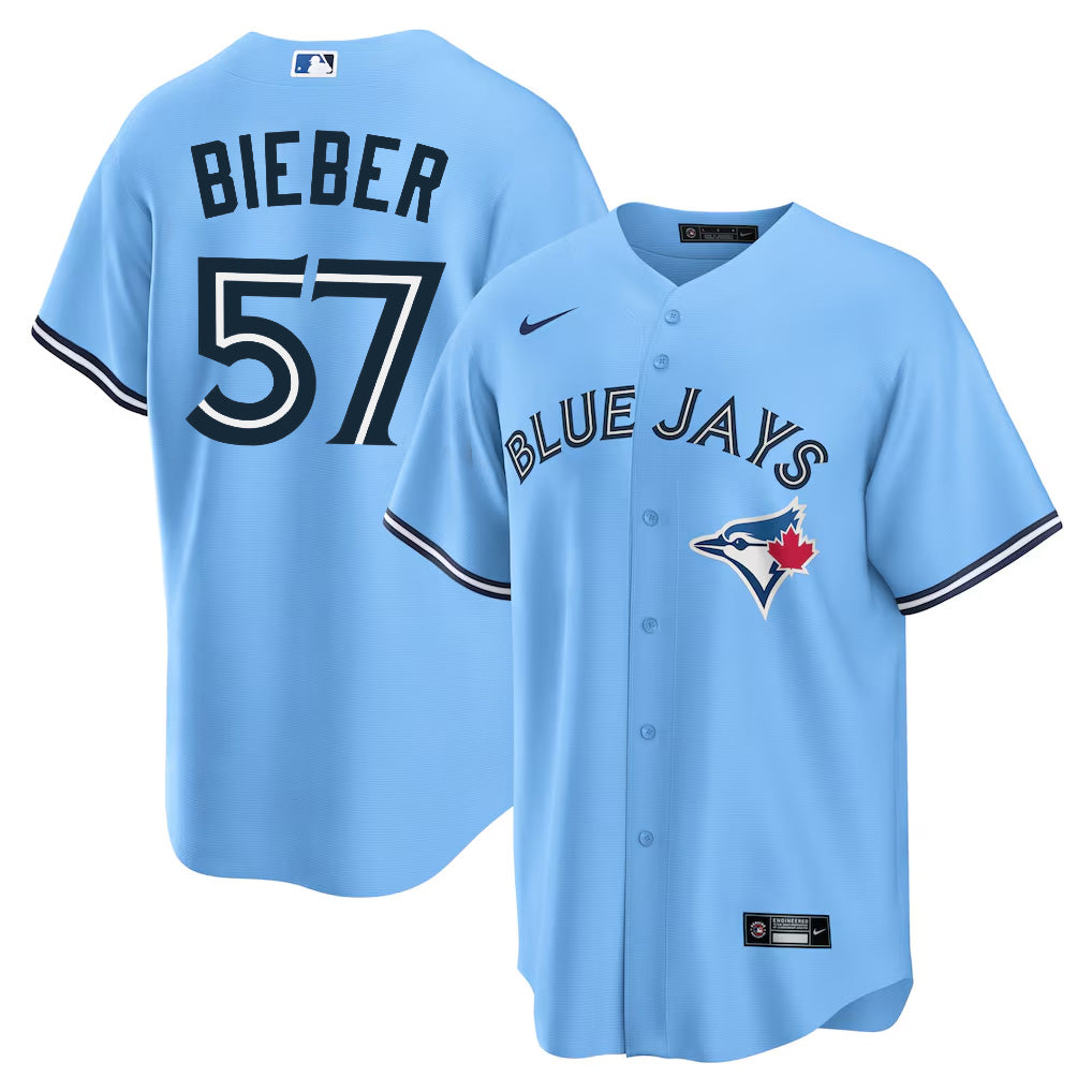 Men’s Toronto Blue Jays Shane Bieber #57 Powder Blue Jersey