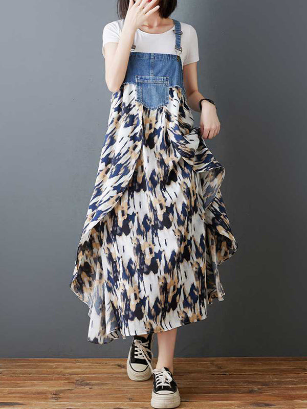 Loose Plus Size Flower Print Pockets Split-Joint Spaghetti-Neck Maxi Dresses Suspender Dress
