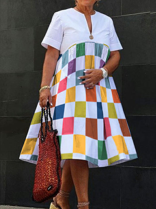 Loose Short Sleeves Printed Rainbow Plaid V-Neck Midi Dresses