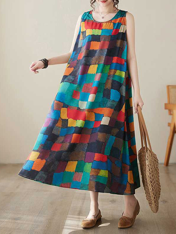 Loose Sleeveless Contrast Color Multi-Colored Plaid Round-Neck Midi Dresses