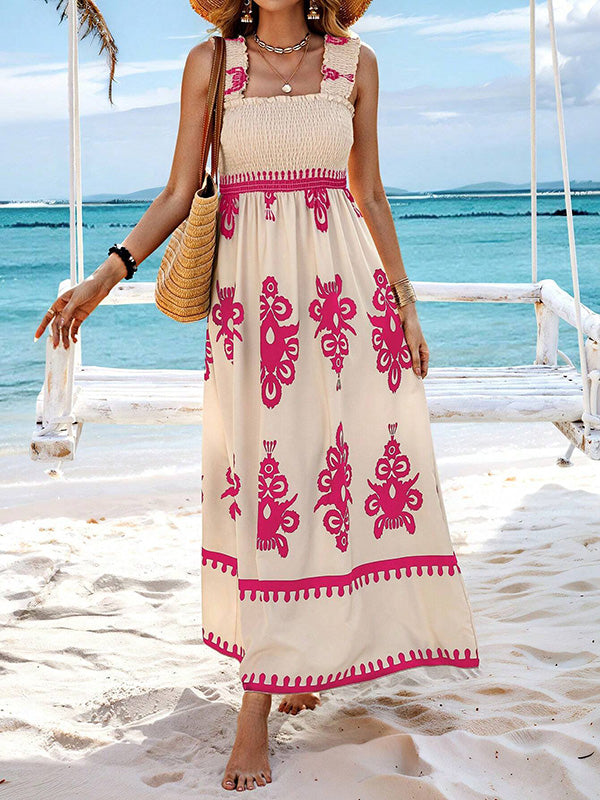 A-Line Loose Elasticity Pleated Printed Split-Joint Square-Neck Maxi Dresses