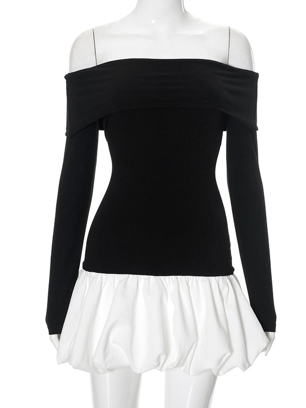 High Waisted Long Sleeves Contrast Color Pleated Split-Joint Off-The-Shoulder Mini Dresses