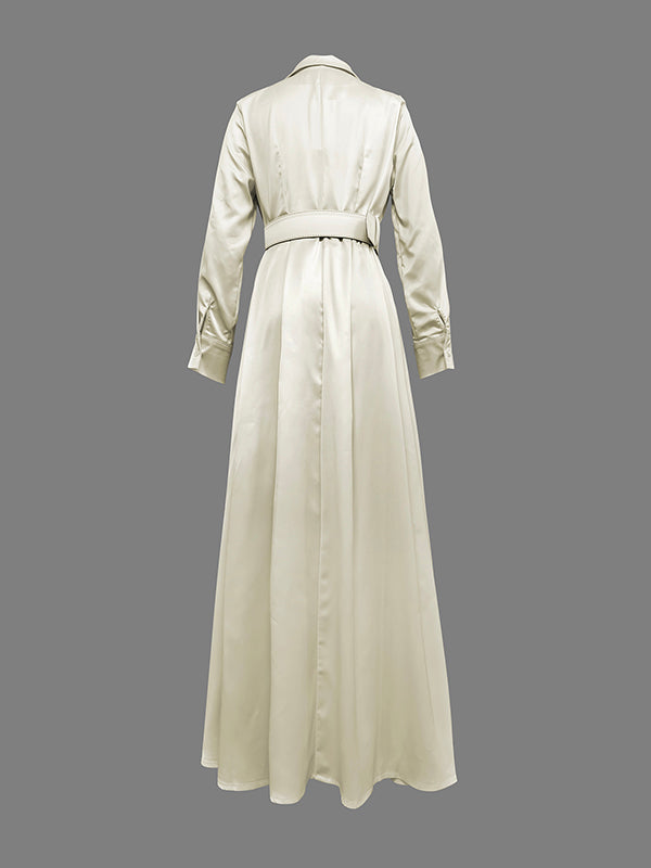 Long Sleeves Loose No Belt Solid Color Notched Collar Maxi Dresses