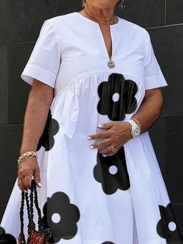 Loose Short Sleeves Flower Print V-Neck Midi Dresses