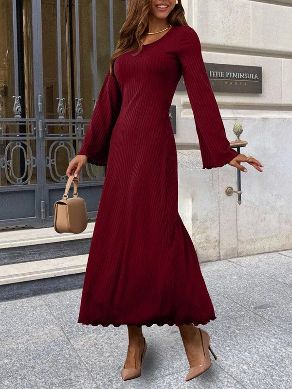 Long Sleeves Pleated Ruffled Solid Color Split-Joint Round-Neck Maxi Dresses