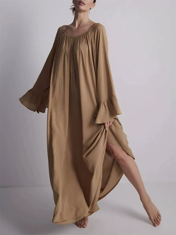 Flared Sleeves Loose Pleated Solid Color Split-Joint Round-Neck Maxi Dresses