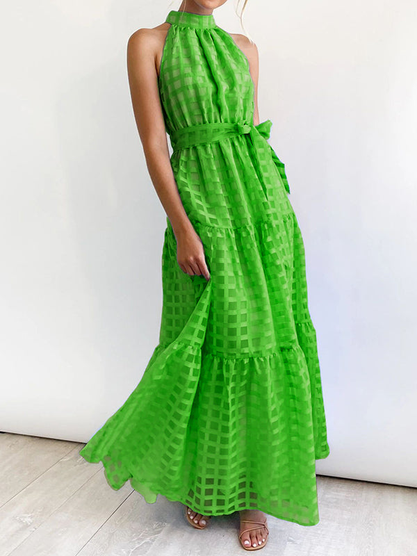 Loose Sleeveless Plaid Ribbed Stand Collar Maxi Dresses