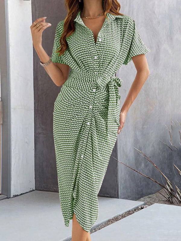 Bodycon Half Sleeves Buttoned Contrast Color Tied Waist Lapel Midi Dresses