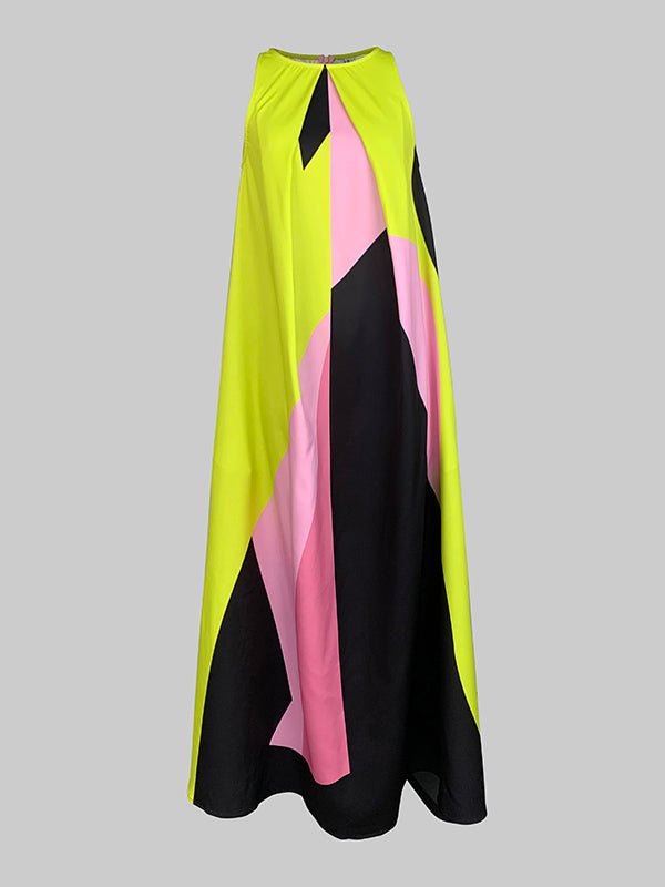 A-Line Loose Color-Block Pleated Split-Joint Round-Neck Maxi Dresses
