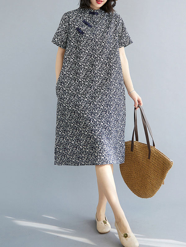 Artistic Retro Floral Printed Stand Collar Short Sleeves Cheongsam Midi Dress