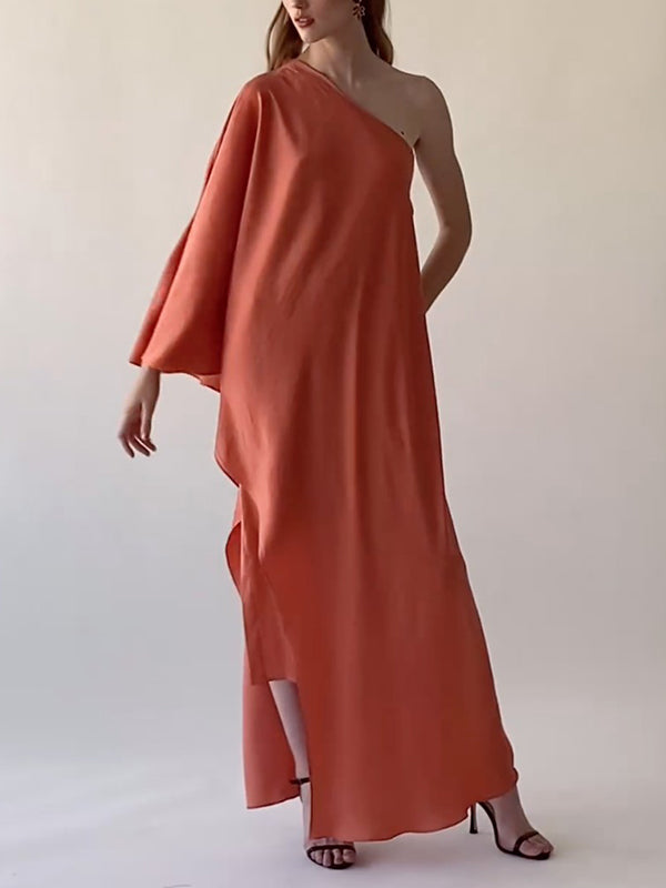 Loose Asymmetric Solid Color One-Shoulder Maxi Dresses
