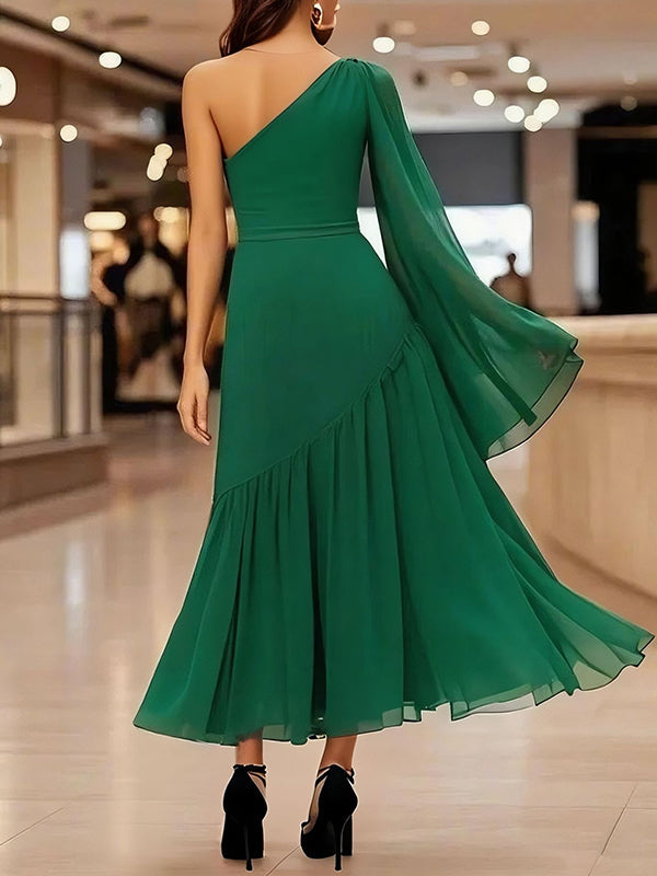Long Sleeves Loose Pleated Solid Color Zipper One-Shoulder Maxi Dresses