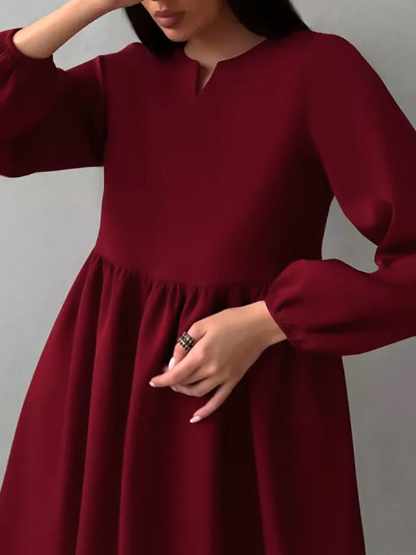 Loose Puff Sleeves Elasticity Pleated Solid Color Split-Joint Round-Neck Mini Dresses