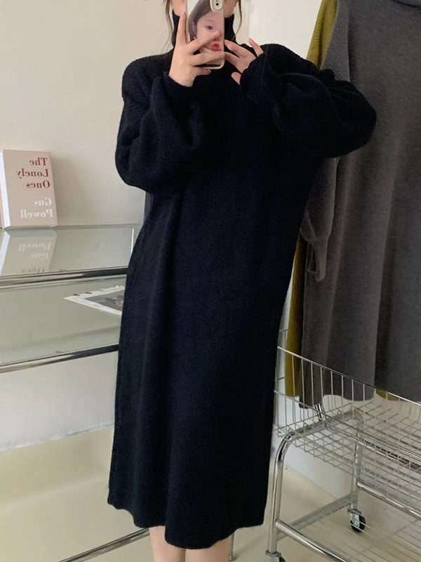 Long Sleeves Loose Solid Color High Neck Midi Dresses Sweater Dresses