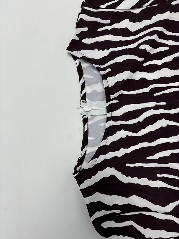 Long Sleeves Split-Toe Zebra Printed Round-Neck Maxi Dresses