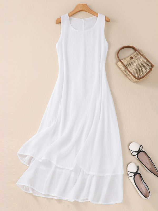 A-Line Loose Double Layered Solid Color Tied Waist Round-Neck Midi Dresses