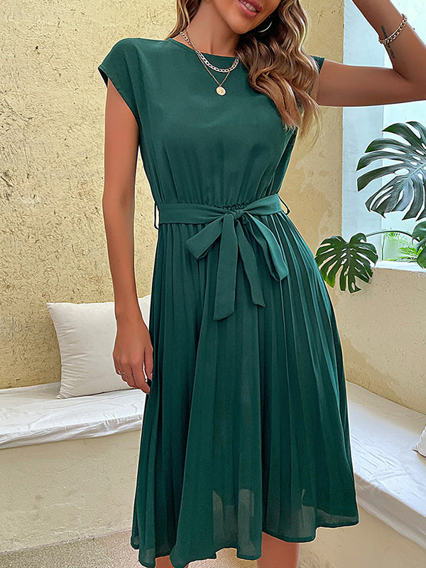 A-Line Loose Pleated Solid Color Tied Waist Round-Neck Midi Dresses