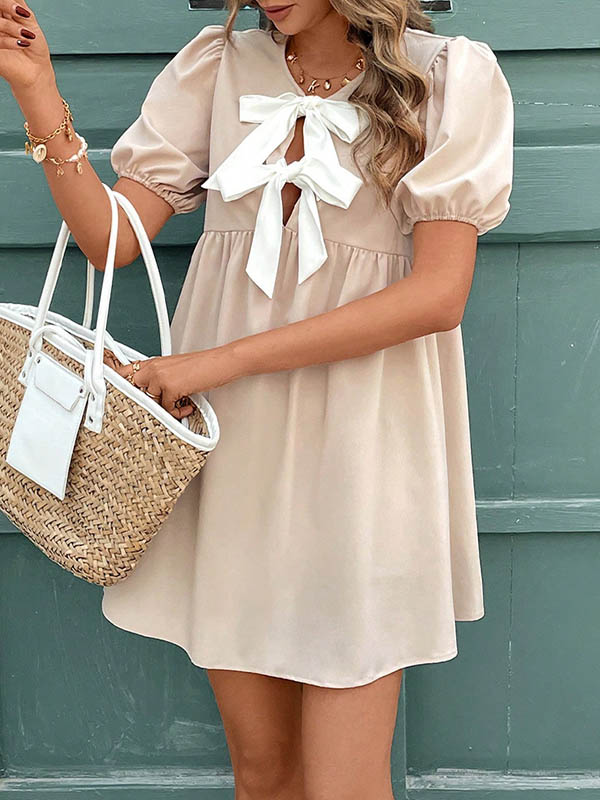 A-Line Loose Bowknot Elasticity Pleated Round-Neck Mini Dresses