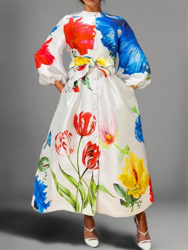 A-Line Long Sleeves Buttoned Elasticity Pockets Tied Waist Mock Neck Maxi Dresses