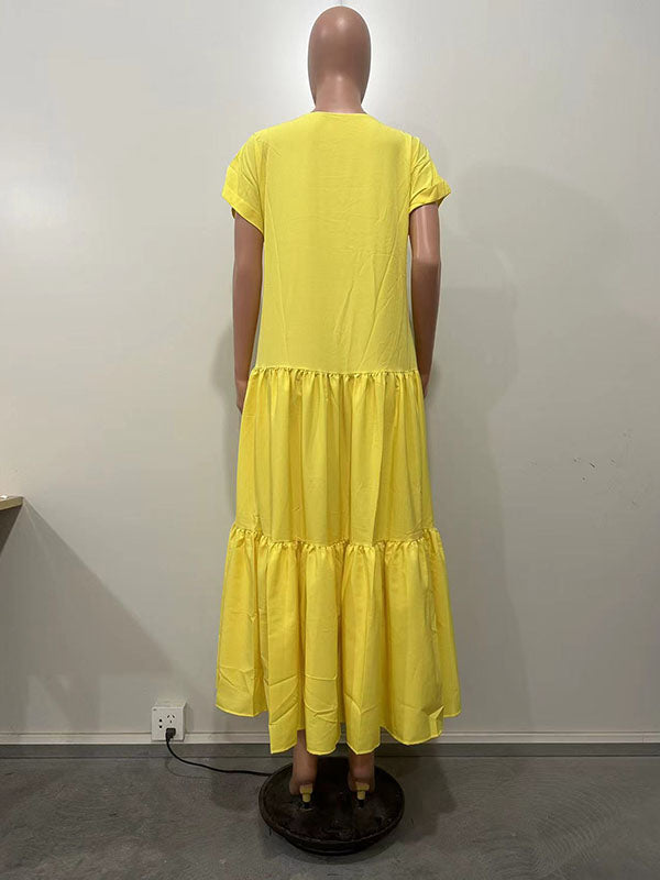 A-Line Loose Pleated Solid Color Split-Joint V-Neck Maxi Dresses