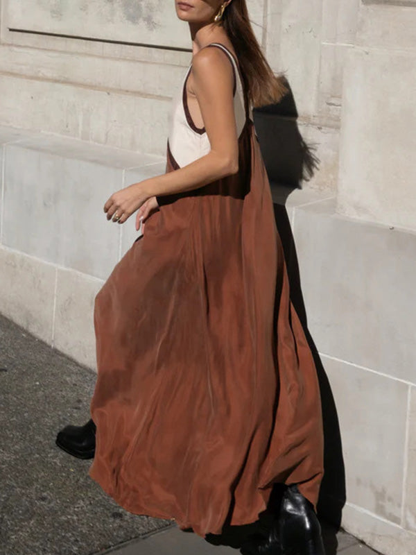 Loose Sleeveless Contrast Color Split-Joint Deep V-Neck Maxi Dresses