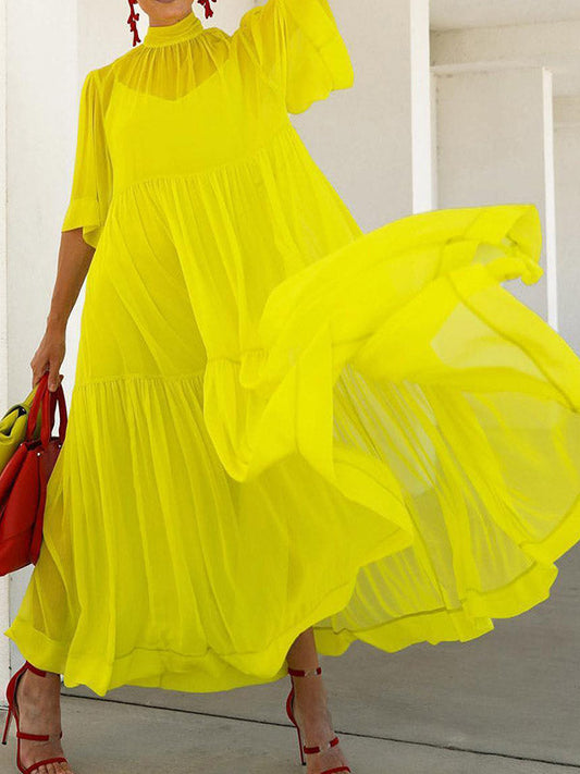 Loose Plus Size Mesh Pleated Solid Color Split-Joint Mock Neck Maxi Dresses Two Pieces Set