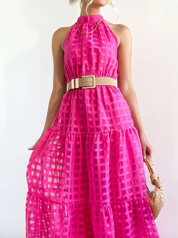 Loose Sleeveless Plaid Ribbed Stand Collar Maxi Dresses