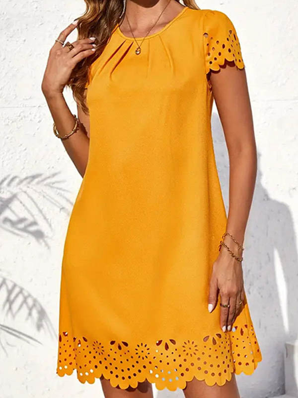Loose Short Sleeves Hollow Pleated Solid Color Split-Joint Round-Neck Mini Dresses
