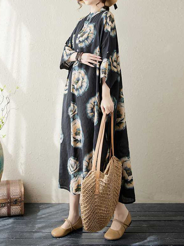 Loose Three-quarter Sleeves Buttoned Flower Print Stand Collar Midi Dresses