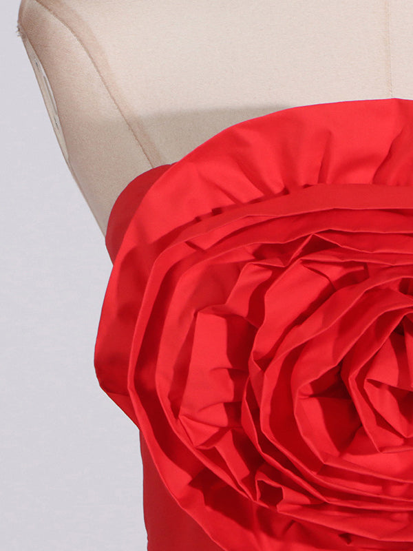 High Waisted Loose Pleated Solid Color Split-Joint Three-Dimensional Flower Zipper Tube Maxi Dresses