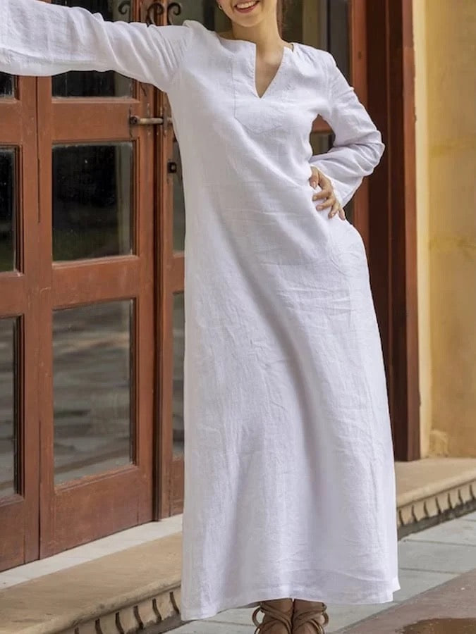 Long Sleeves Loose Solid Color V-Neck Maxi Dresses