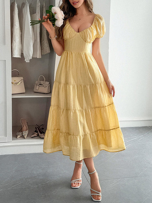 A-Line Loose Backless Pleated Solid Color Tied V-Neck Midi Dresses