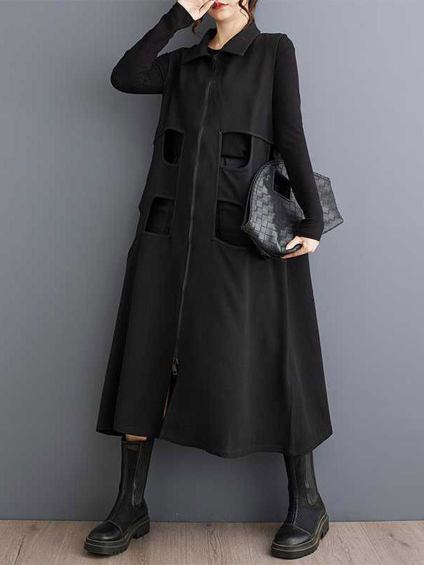 Loose Sleeveless Hollow Solid Color Zipper Lapel Midi Dresses