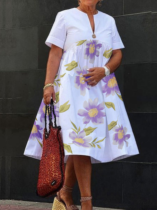 Loose Short Sleeves Flower Print V-Neck Midi Dresses