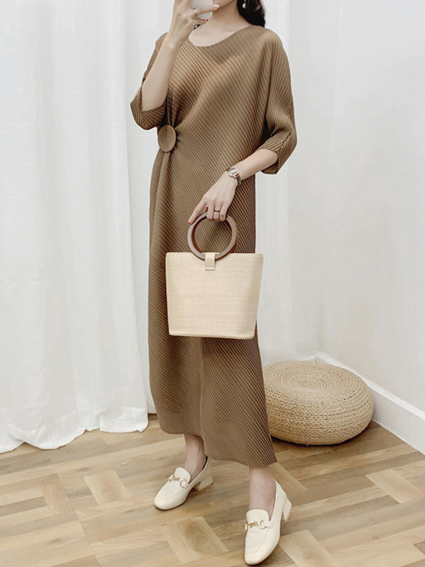 Half Sleeves Irregular Clipping Pleated Solid Color Round-Neck Midi Dresses