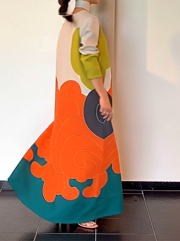 Long Sleeves Loose Printed Split-Joint Round-Neck Maxi Dresses