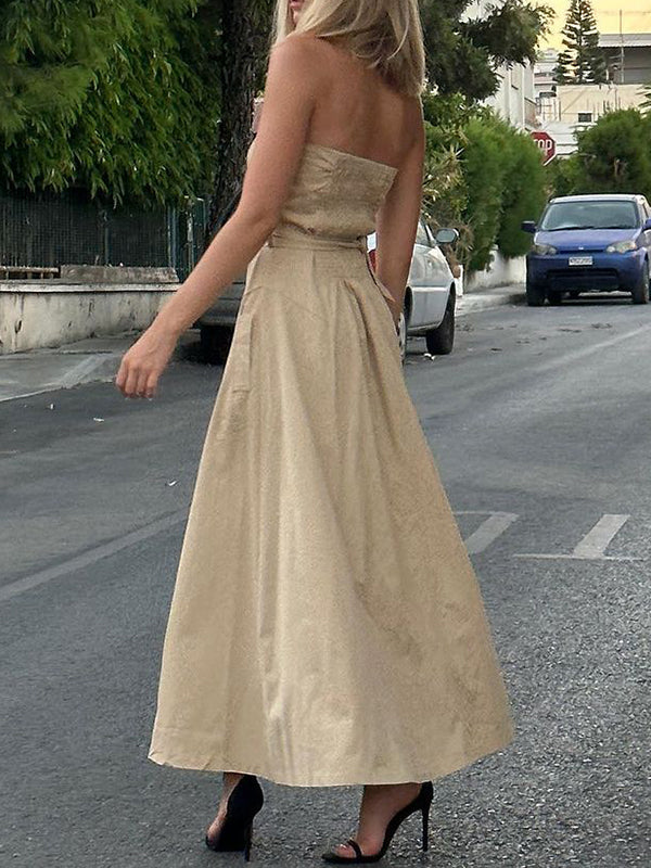 A-Line Loose Belted Buttoned Pockets Tube Maxi Dresses