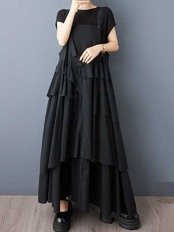 A-Line Loose Asymmetric Buttoned Pleated Spaghetti-Neck Maxi Dresses Suspender Dress