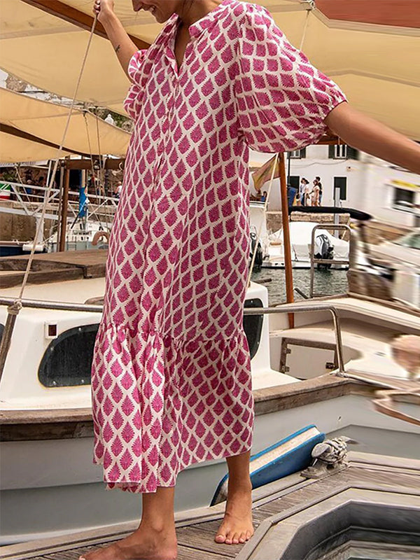 Half Sleeves Loose Buttoned Printed Stand Collar Midi Dresses