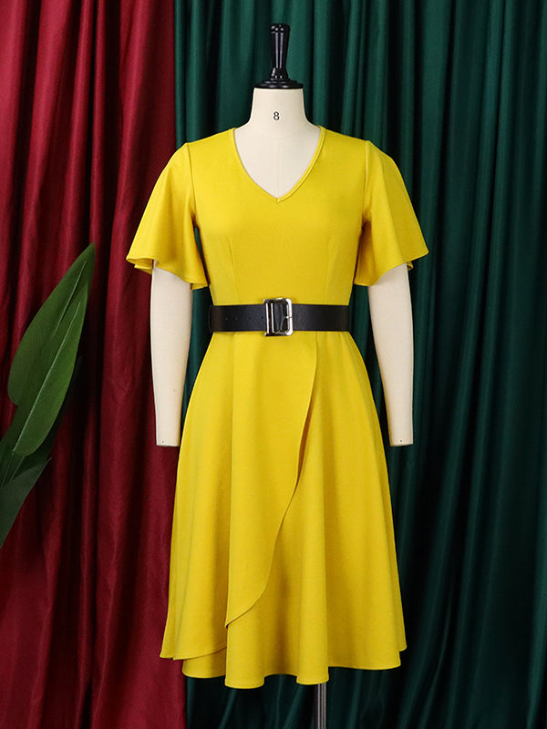 Irregular Clipping Plus Size Belted Solid Color Round-Neck Midi Dresses