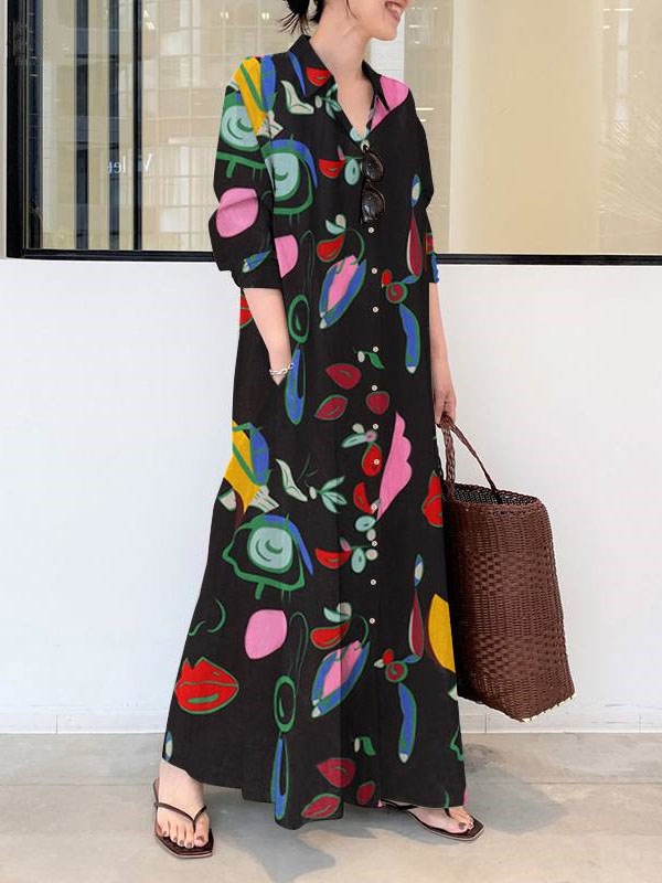 Long Sleeves Loose Buttoned Pockets Printed Lapel Maxi Dresses Shirt Dress