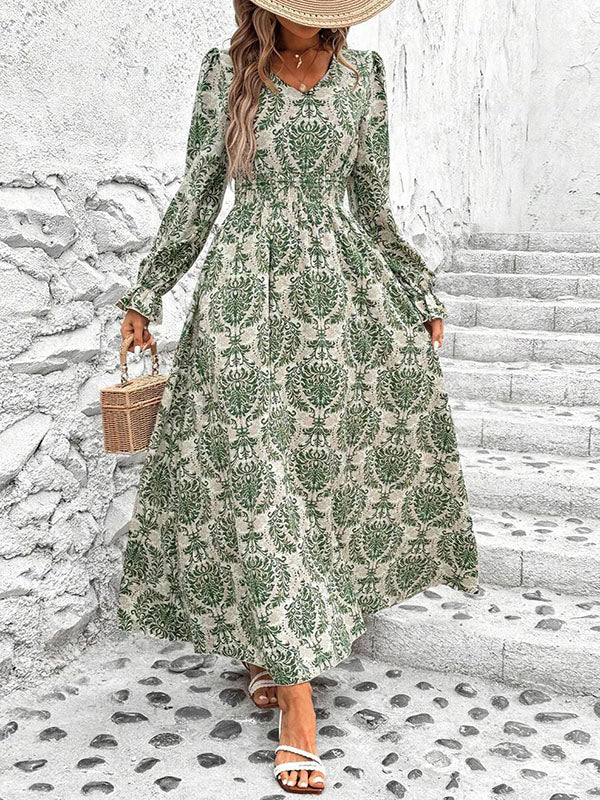 Loose Puff Sleeves Elasticity Printed Split-Joint V-Neck Maxi Dresses