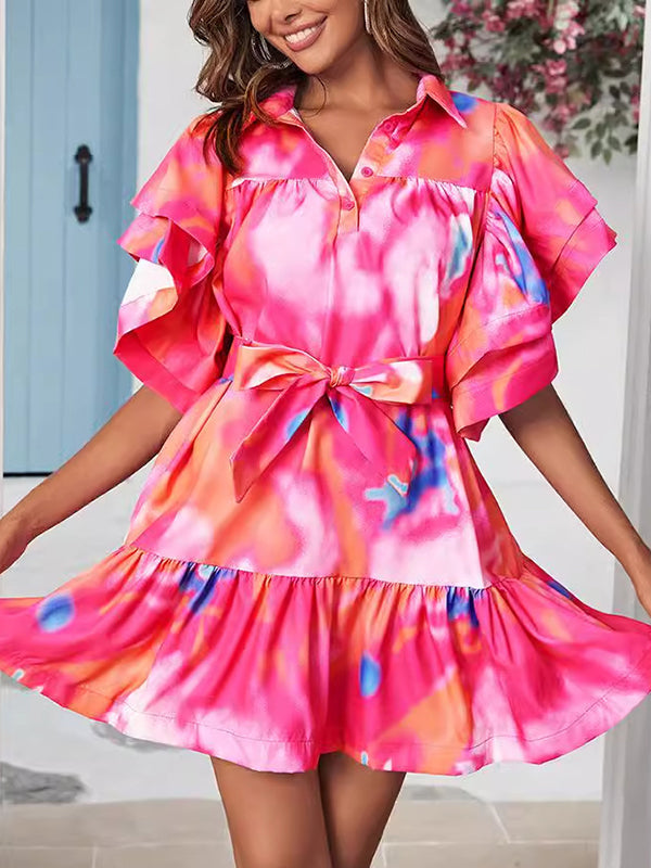 Loose Ruffle Sleeves Buttoned Leaves Print Split-Joint Tied Waist Tie-Dyed Lapel Mini Dresses