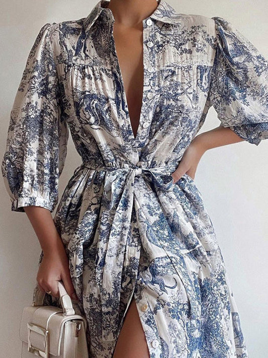 Loose Puff Sleeves Pleated Printed Split-Joint Tied Waist Lapel Mini Dresses Shirt Dress