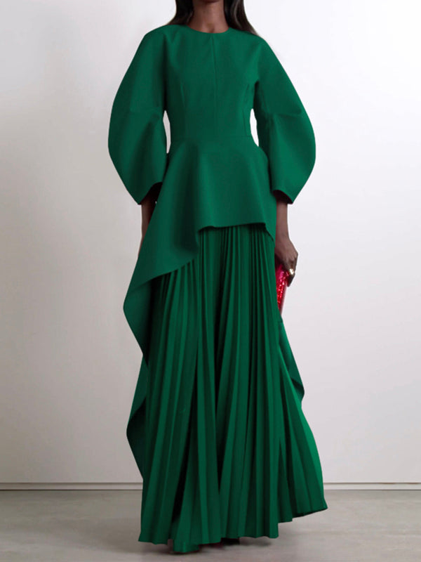 Long Sleeves Loose Pleated Solid Color Split-Joint Tiered Round-Neck Maxi Dresses