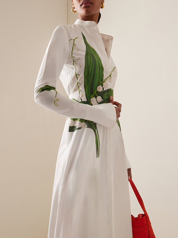 A-Line Long Sleeves Buttoned Flower Print Round-Neck Maxi Dresses