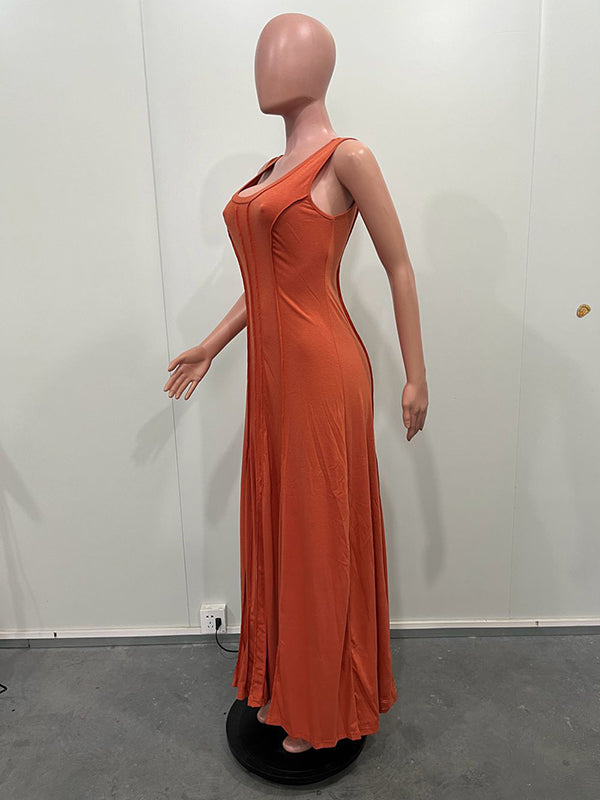 Plus Size Sleeveless Solid Color Split-Joint U-Neck Maxi Dresses